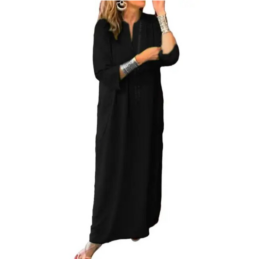2023 Women Maxi Robe Dress - V Neck - Loose Three Quarter Sleeves - Ankle Length